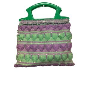 Vintage Novelty Woven Hand Bag Purple Green Lucite Handle